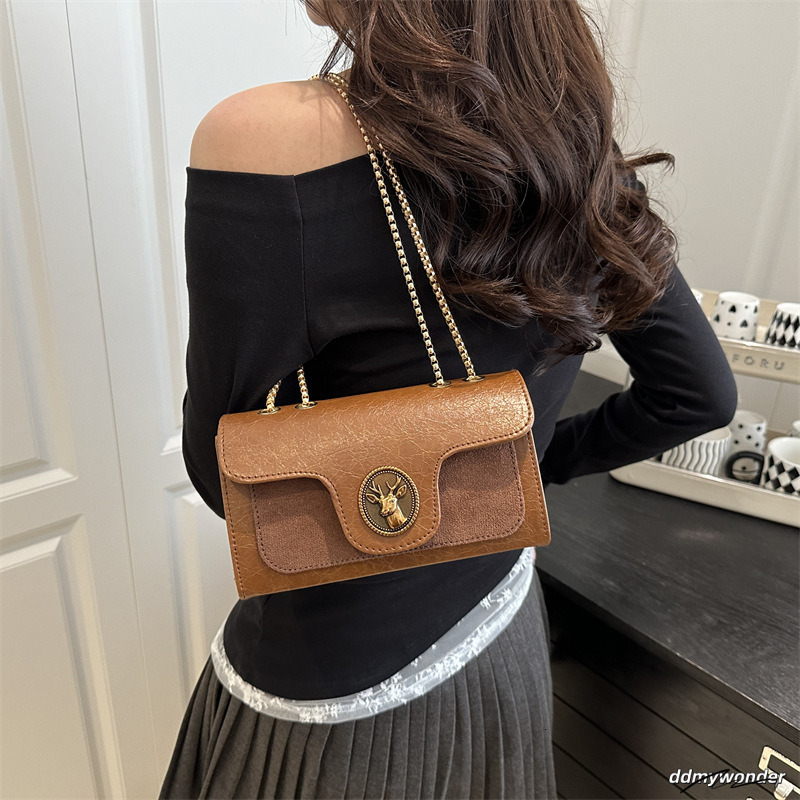 Women's Retro Flip Handbag Free Shipping Designer Splicing Chain Small Square New Fashion Single Shoulder Crossbody Casual Makeup Bag