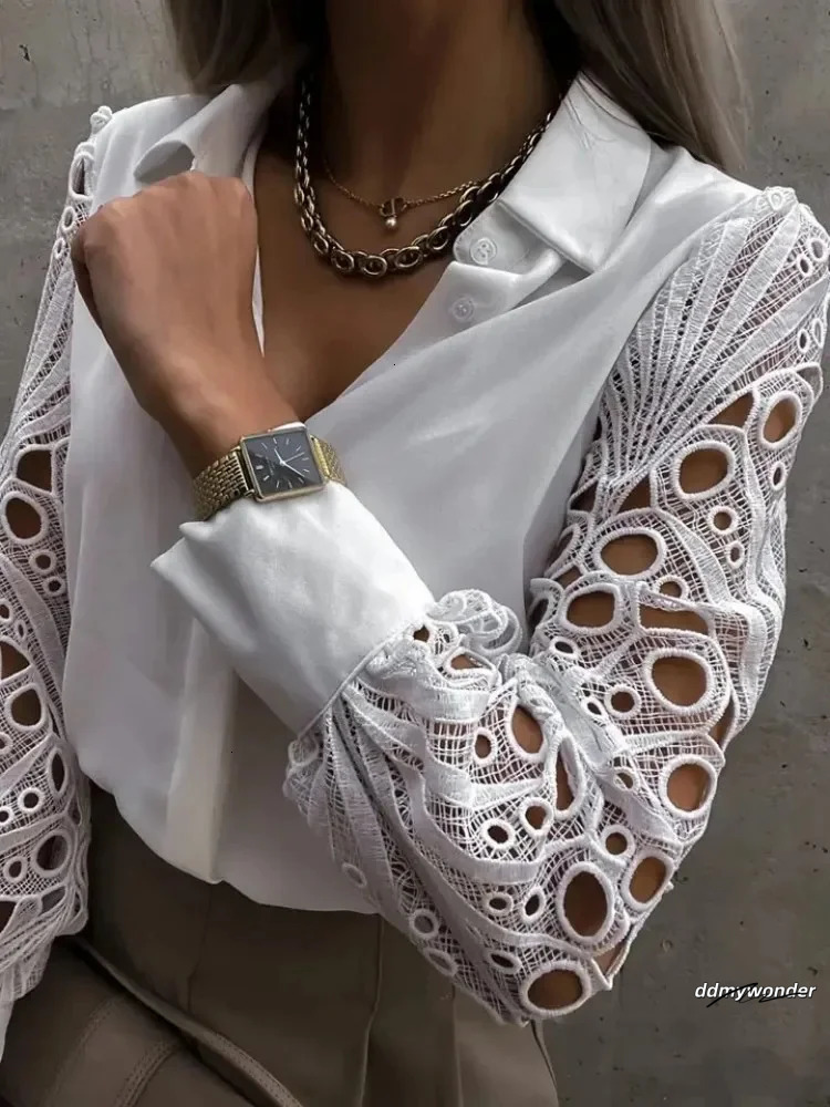White Sexy Lace Hollow Out Women Blouse Autumn Spring Black Top Vintage Button Up Shirts Long Sleeve Tops 250401