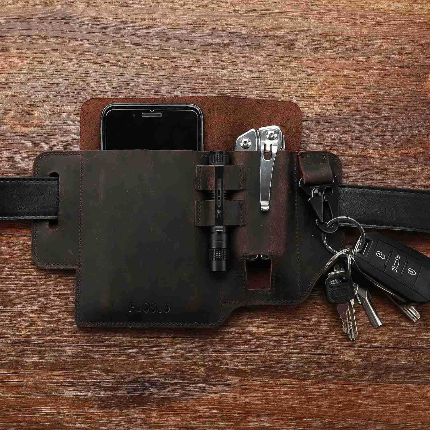 Outdoor Running Leather Cell Phone Holster for BeltMultitool Sheath with Key HolderExercise Waist Bag Compatible With Iphone 11 8 X 7 6 5s in Running 