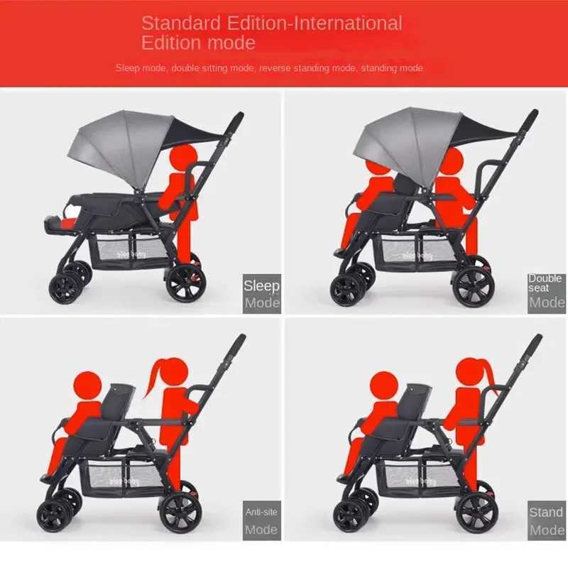 Baby Twin Stroller Removable Rear Seat 07 Years Old Double stroller Onekey Folding Fourwheel Antiskid Shock Absorption W250910