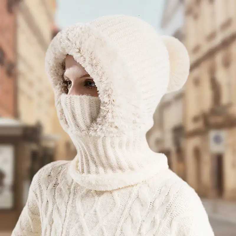 Winter Fleece Lined Knitted Hat with Ear Fls Windproof and Warm Hooded Neck Gaiter for Outdoor SportXJ250910