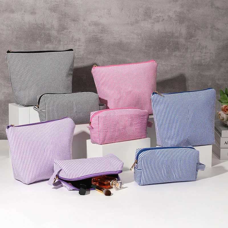 2 Pcs Set Womens Cosmetic Bags Large Capacity Ladies Stripe Toiletry Bag Makeup Case Travel Female Storage Handbag Clutch PurseXJ250910