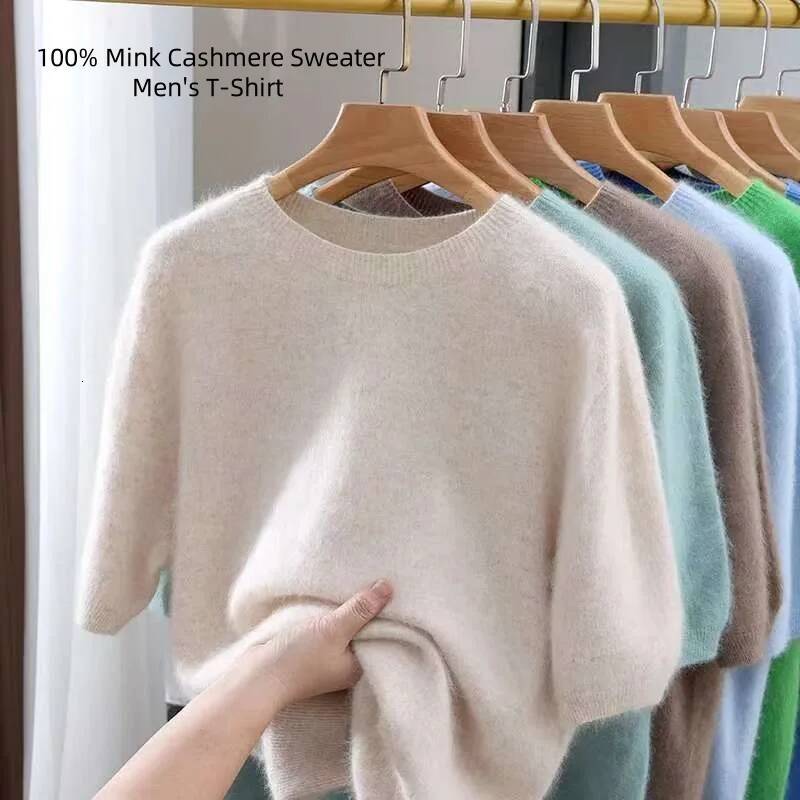 100% Mink Cashmere Knit Sweater Men's T-Shirt Spring Summer Loose O-Neck Solid Color Casual Business Base Pullover Short Sleeve dongdumaoyi
