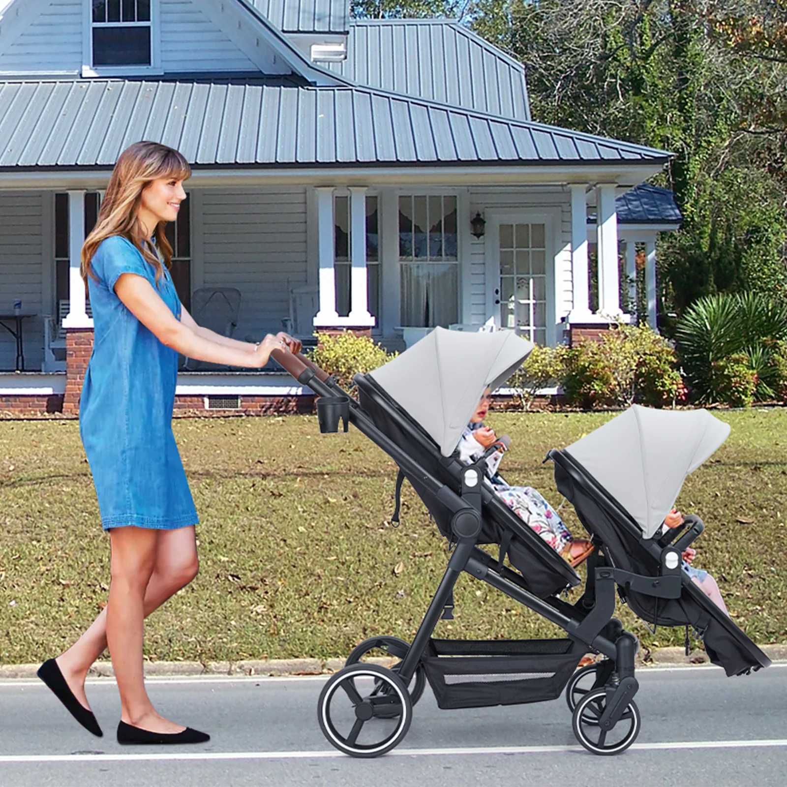 Double Stroller Track Tandem Stroller for Infant and Toddler Foldable Pushchair Bassinet Pram MultiPosition Reversible W250910