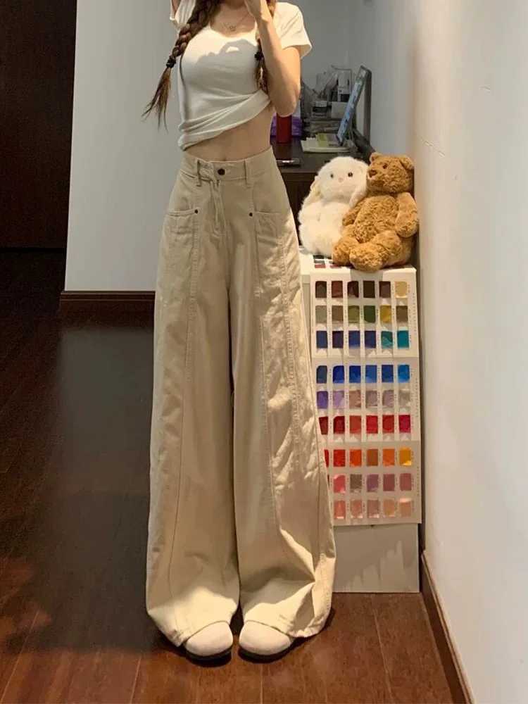 Botvotee Retro American Beige Denim Jeans for Women streetwear baggy High Waisted Flare 1950s1960s Jeans Vintage Cargo Pants Z250910