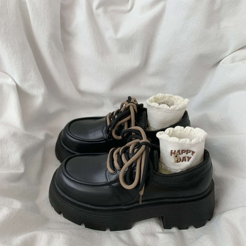 Chunky Heel Thick Sole Height Increasing Lace-up Black Designer Shoe Leather for Women 2025 Autumn New British Style Single Shoes