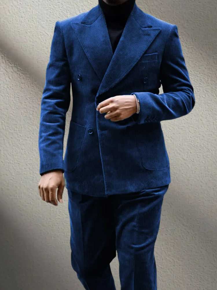 Autumn Winter Corduroy Mens 2 pieces suit Man blue suit Jacket suit Pants Suit Thick top for Wedding Banquet Business W250910