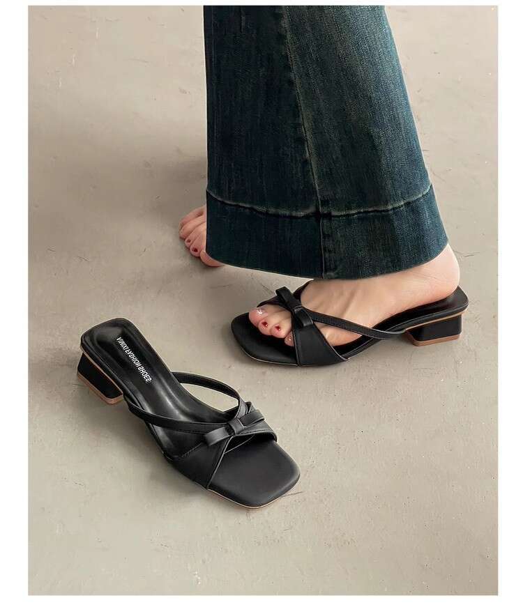35-42 Evening French Style Squ Toe Bowknot Slip-On for Women Spring Summer New High-End Feel Outdoor Wear with Dress Sandals