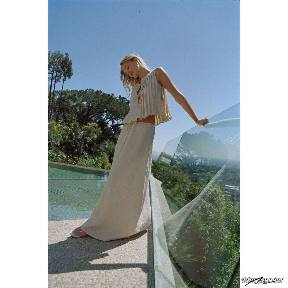 Linen Attire: Women's Long White Summer Dress Set - Sleeveless Cotton Top & Elegant Skirt For Holiday Or Beach ddmywonder ddmywonder ddmywonder