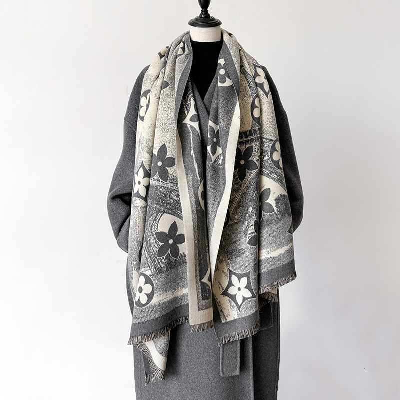 New Five-Pointed Star Imitation Cashmere Scarf for Women, Fashionable Paris Eiffel Tower, Autumn and Winter Warm Long Shawl, Thickened