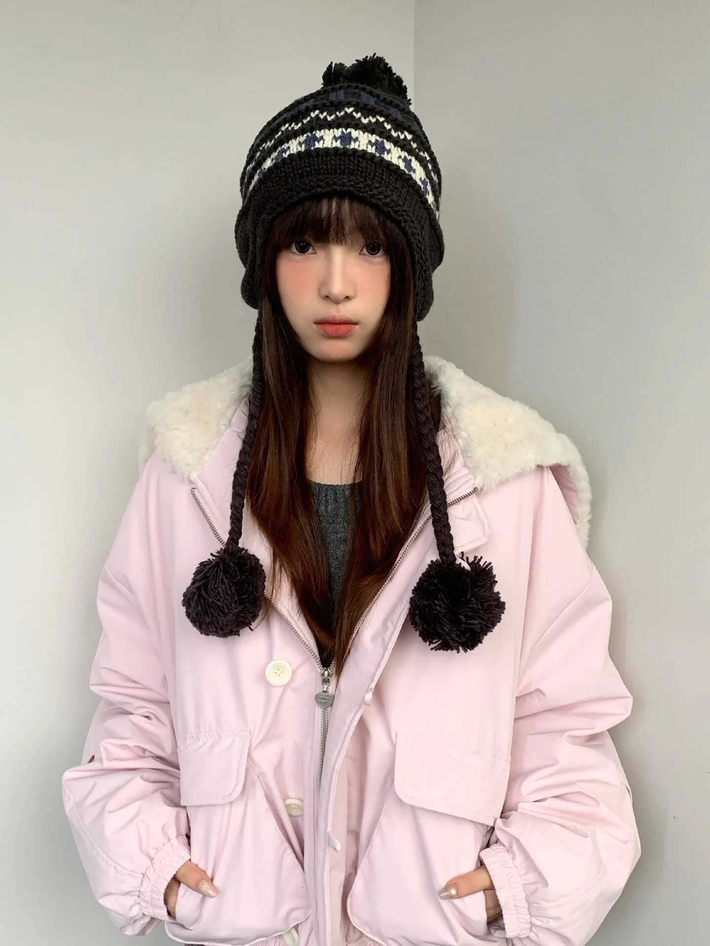 Autumn And Winter Fair Lsle Style HandKnitted Woolen Hat For Women Warm And Cute Ball Earmuffs To Show Off A Small Face AndXJ250910