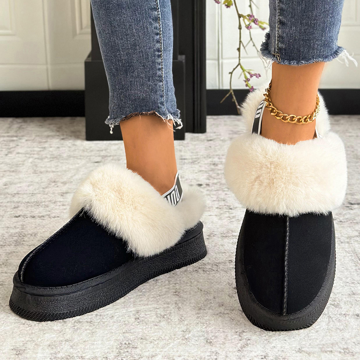 Free shipping Designer Slippers Thick soled fashionable snow boots for women winter elastic band low cut round toe casual warm cotton slippers black