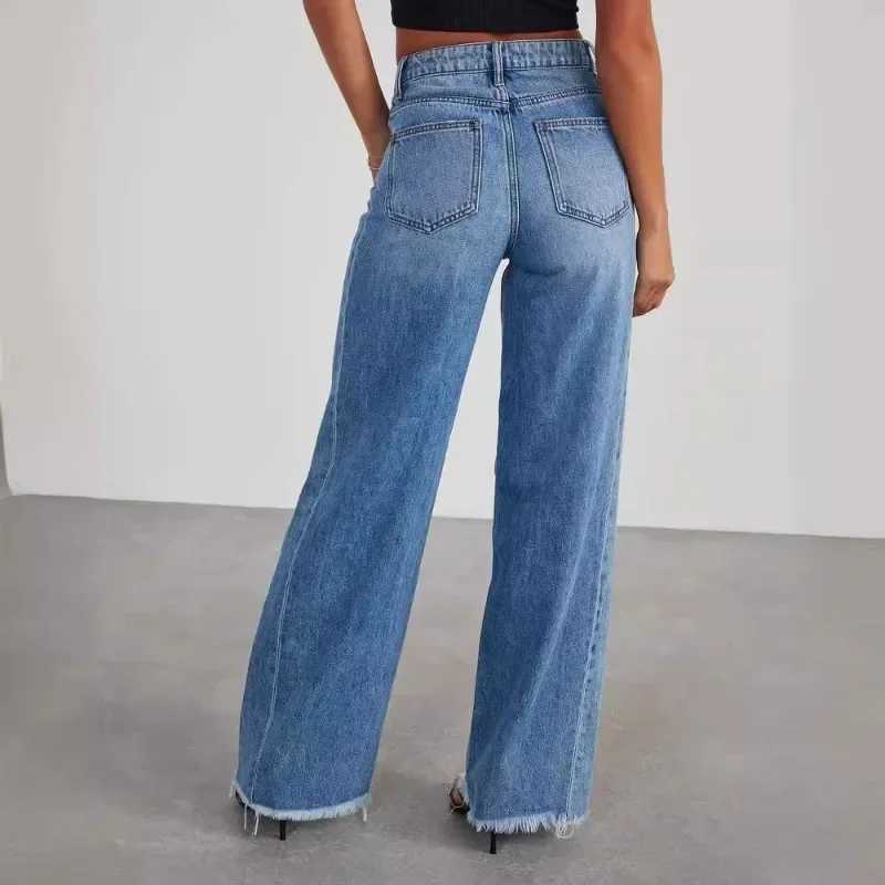 Spring Summer New Womens Clothing Solid Color Loose Wide Leg Side Seam Stitching Frayed Hem Jeans Z250910