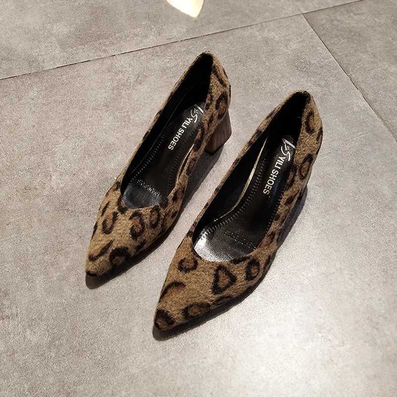 Leopard pattern thick high heels pointed toe shallow european woman shoes comfy fashion party sexy ladies pumps slip on footwear W250910