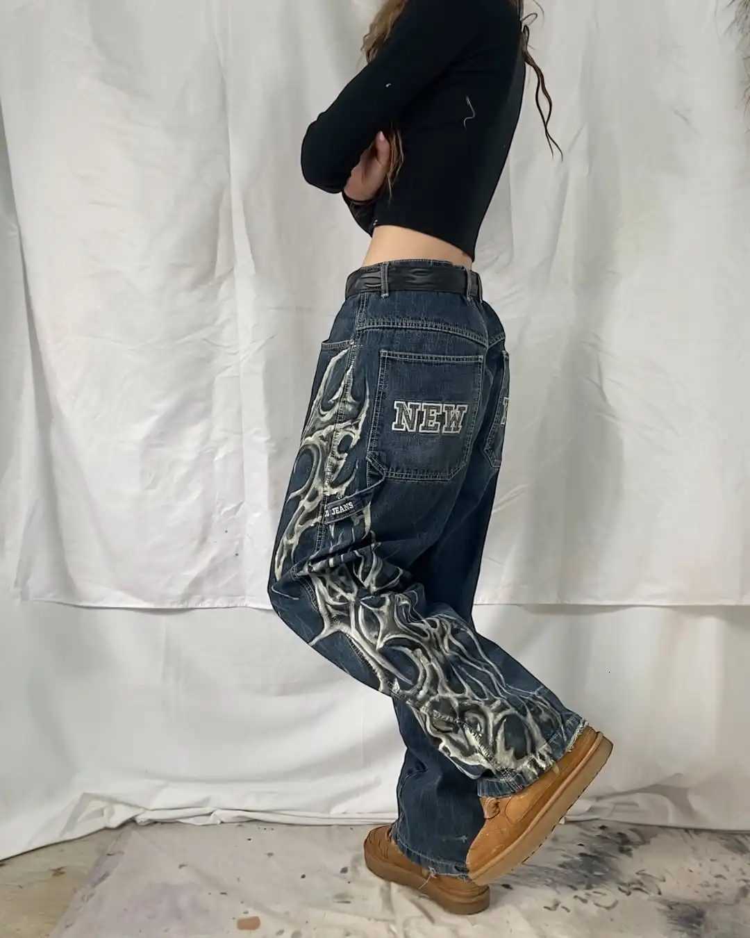 American Fashion Trend Washed Pattern Embroidered Loose Jeans Street Womens New Hip Hop Wide Leg Pants Plus Size Unisex Jeans Z250910