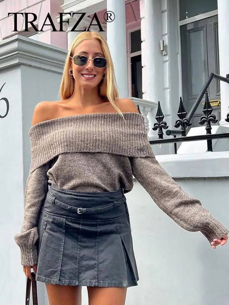 TRAFZA Women Fashion Solid Off Shoulder Long Sleeve Knitted Pullover Sweater Autumn Female Casual Knitwear Chic Top dongdumaoyi