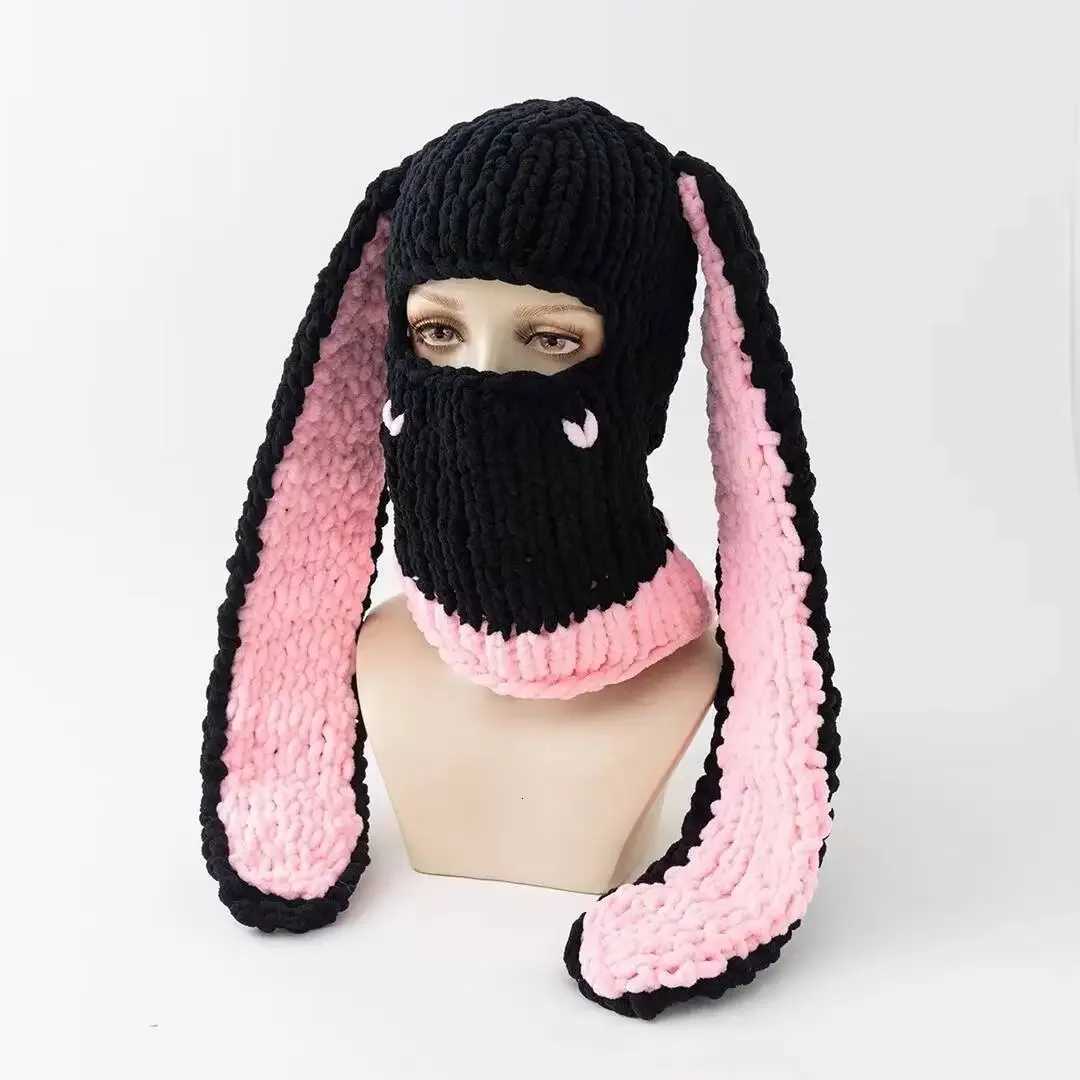 Y2K Long Rabbit Ear Funny Balaclava Hat Winter Thicken Warm Hand Made knitted Beanie Halloween Party Ski Mask Skullies CXJ250910