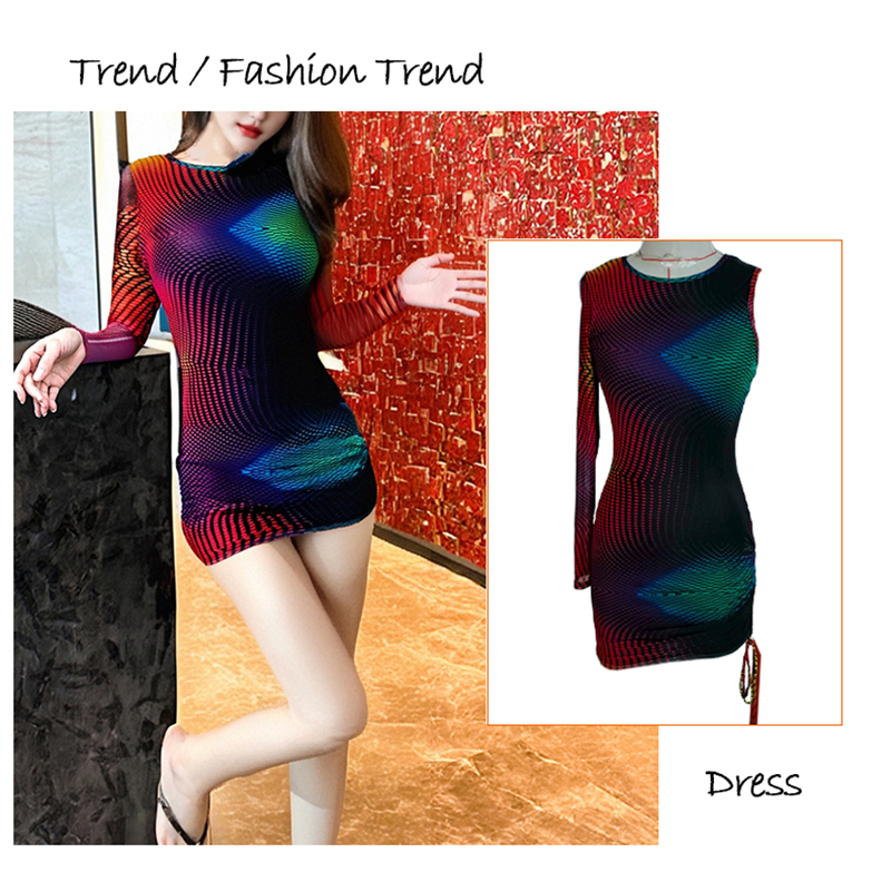 Skirts Women's Long - Sleeve Bodycon Mini Dress with Colorful 3D Pattern, Sexy Party Clubwear