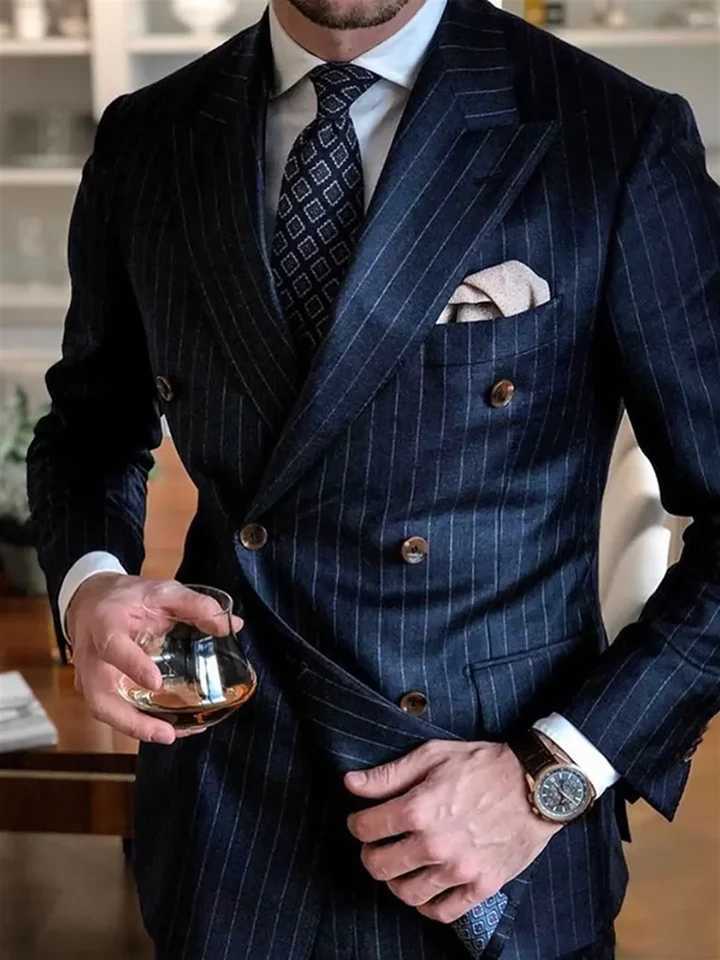 2 Piece Chic Pinstripe Navy Blue Men Suits Set High Quality Formal Double Breasted Peak Lapel Suit Slim Fit Smart Casual Tuxedo W250910