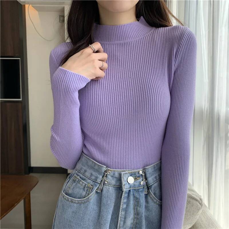 zjaiss 2025 Autumn Basic Bottoming Sweater Top Women Ribbed Soft Mock Neck Elastic Pullover Warm Solid Color Slim Jumper dongdumaoyi
