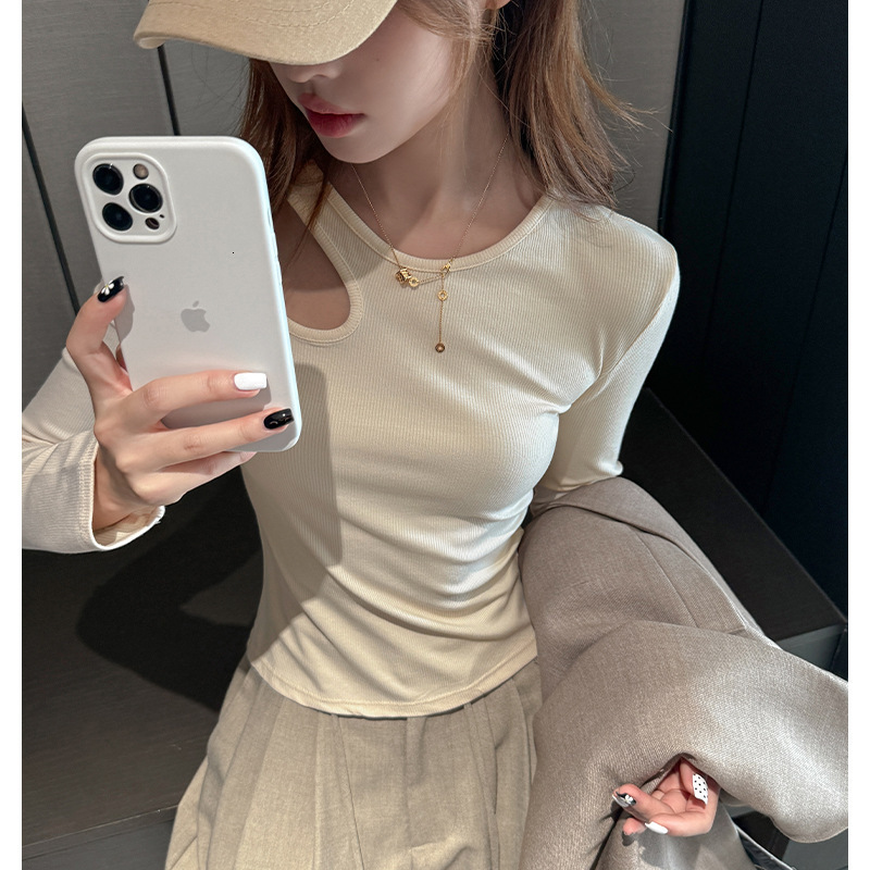 2025 early autumn new regular shoulder long sleeved women's basic design shirt for wearing inside and outside, sexy hollow out high-end slim fit 