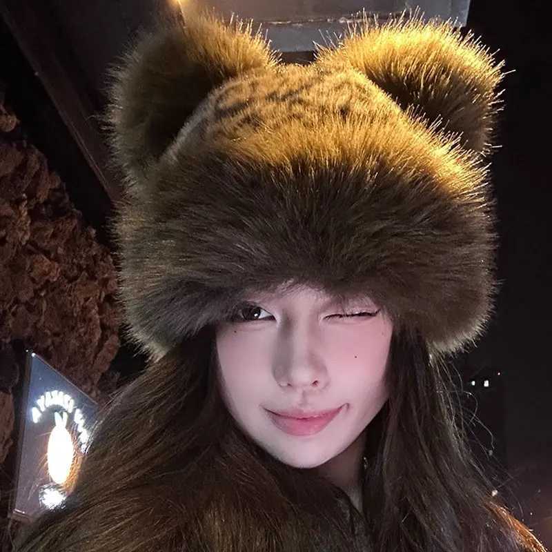 Retro Fuzzy Bear Ear Beanie Hat Pompom Ears Bucket Hats for Men and Women Winter Russian Thickened Warm Ear Protector Basin CXJ250910