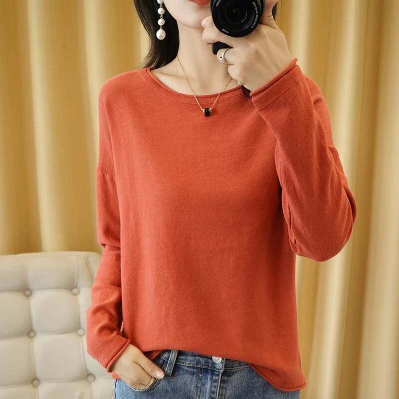 100% Women Knit Crimped Edge O-Neck Pullover Bottoming Pure Cotton Sweater Spring Autumn New Tops Clothes dongdumaoyi