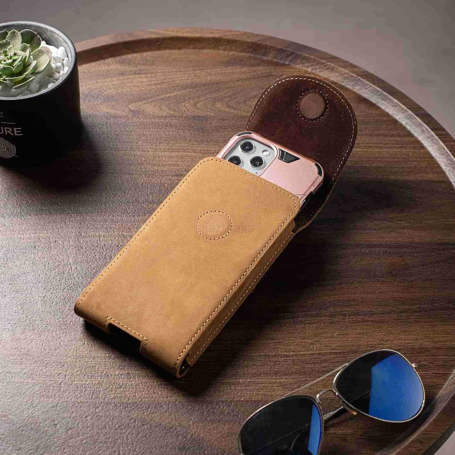 Genuine Leather Cell Phone Holster for Belt Men Vertical Phone Holder Belt Pouch Fits for iPhone 15 Pro Max 14 Pro Max 13 Pro Max S24 Ultra Note9 Ca Z