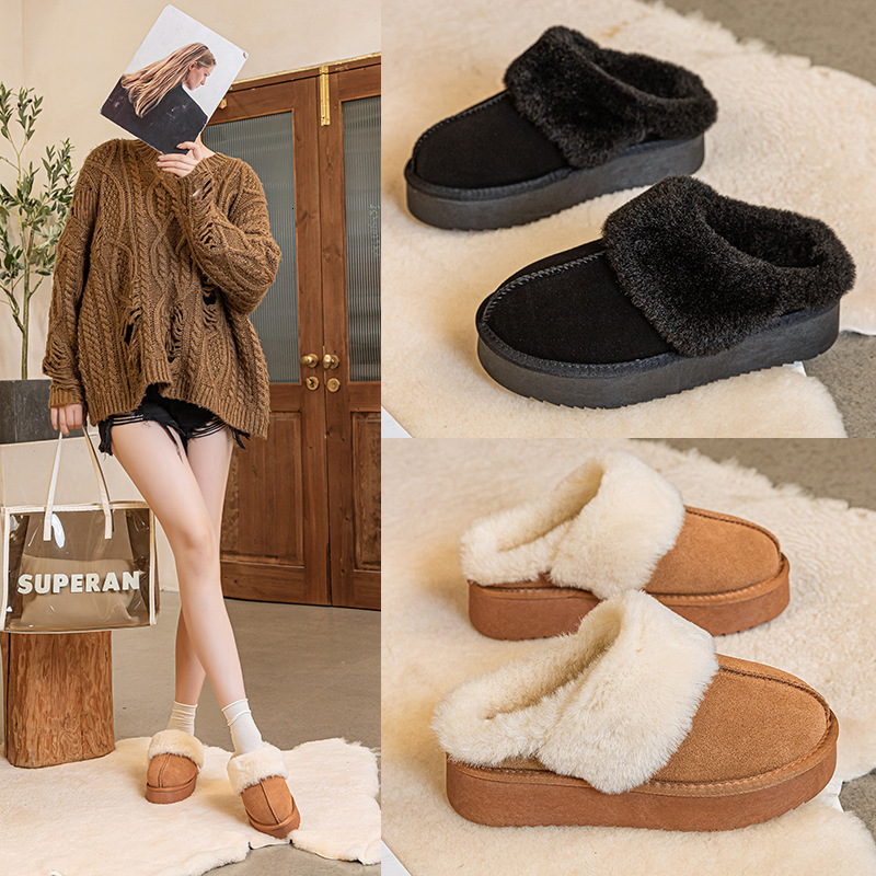 Designer Shoes Thick Soled Plush Slippers for Women Fleece Lined Thickened Warm Cotton Shoes Snow Boots