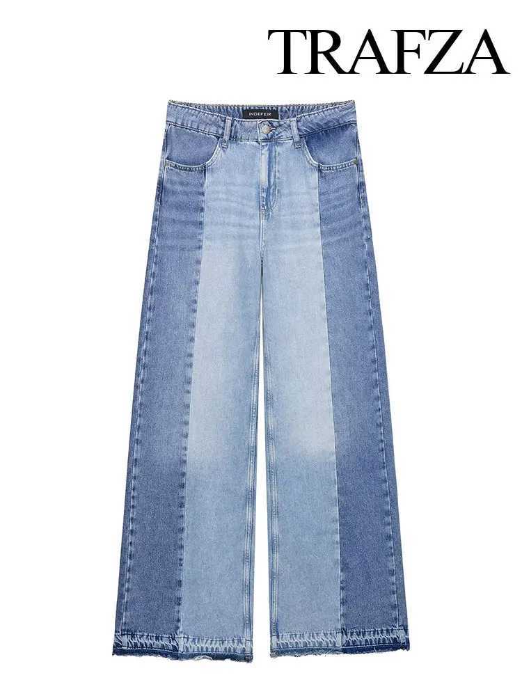 TRAFZA 2025 Summer Womens Fashionable Spliced loose Widefoot Jeans Retro High Neck Pocket Decoration Womens Streetwear Y2K Z250910