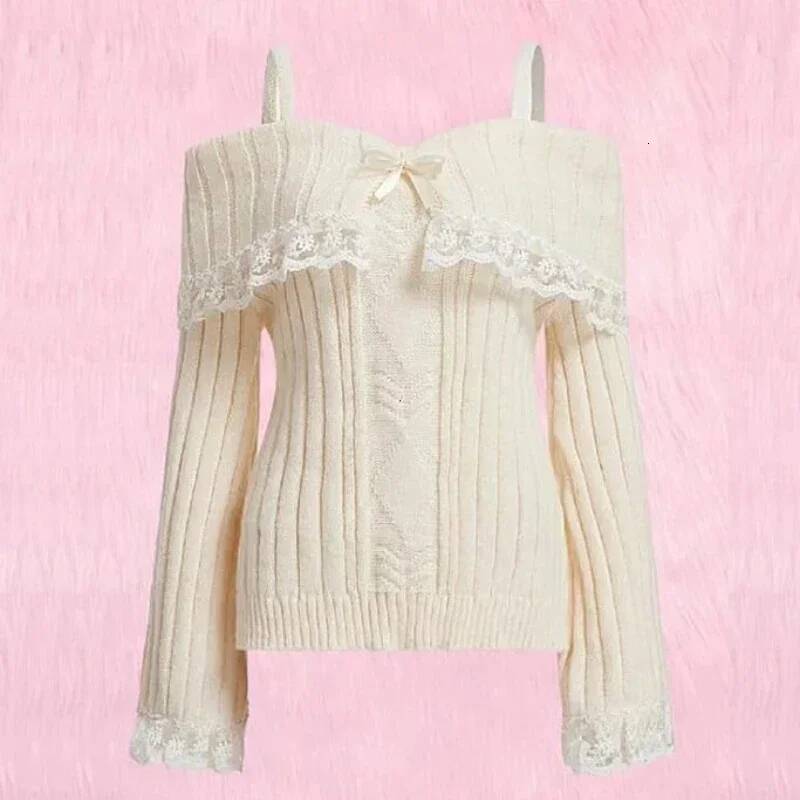Women Off Shoulder Knit Sweater Pink Pullover Sweet Pullovers Long Sleeve Bow Lace Patchwork Jumpers Y2k Streetwear dongdumaoyi