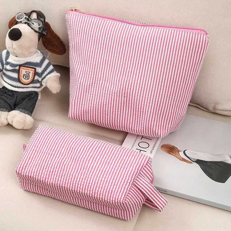 2 Pcs Set Womens Cosmetic Bags Large Capacity Ladies Stripe Toiletry Bag Makeup Case Travel Female Storage Handbag Clutch PurseXJ250910