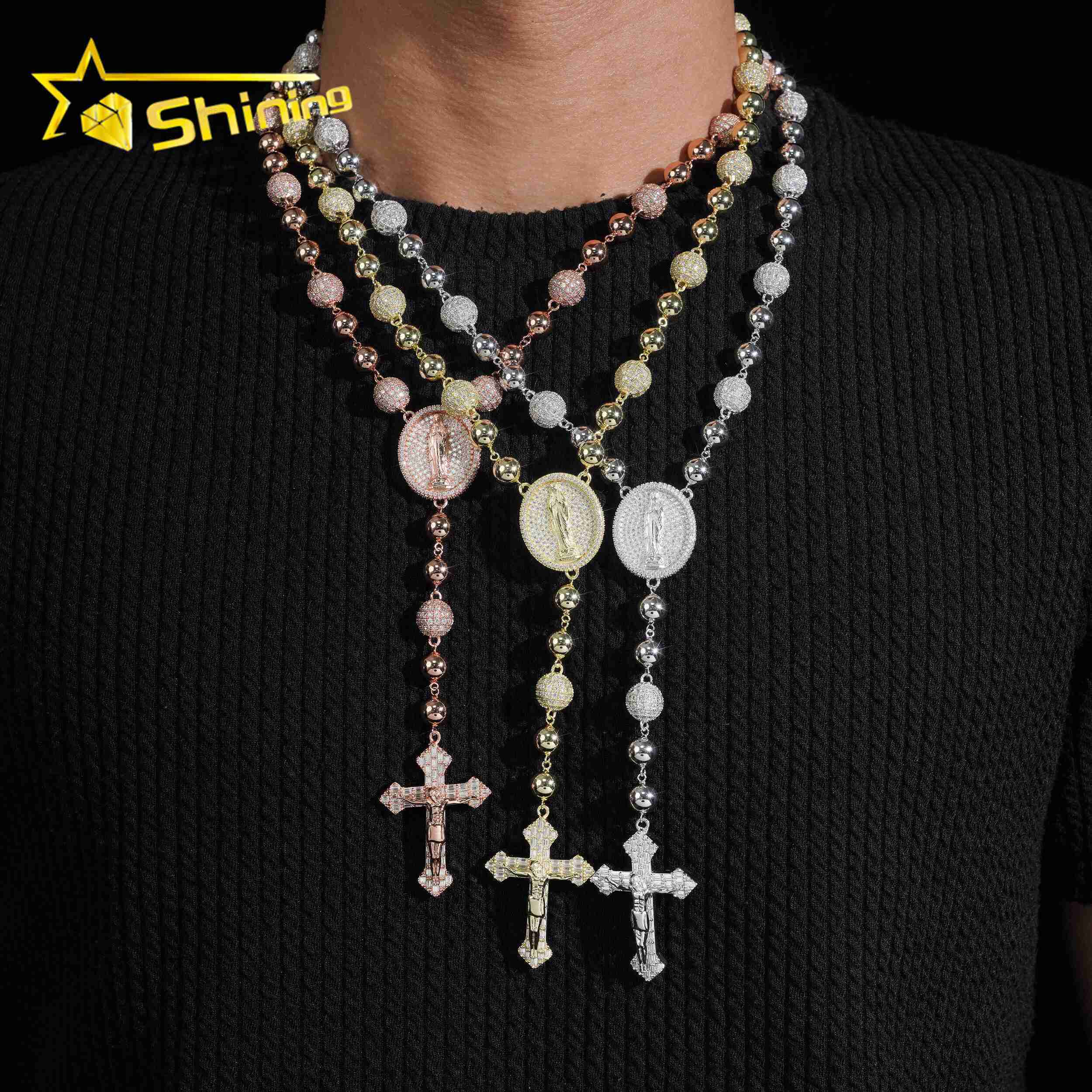 Hip Hop 925 Silver Moissanite Ball Chain Necklace with Cross Pendant Custom Iced Out Moissanite Cuban Link for Men