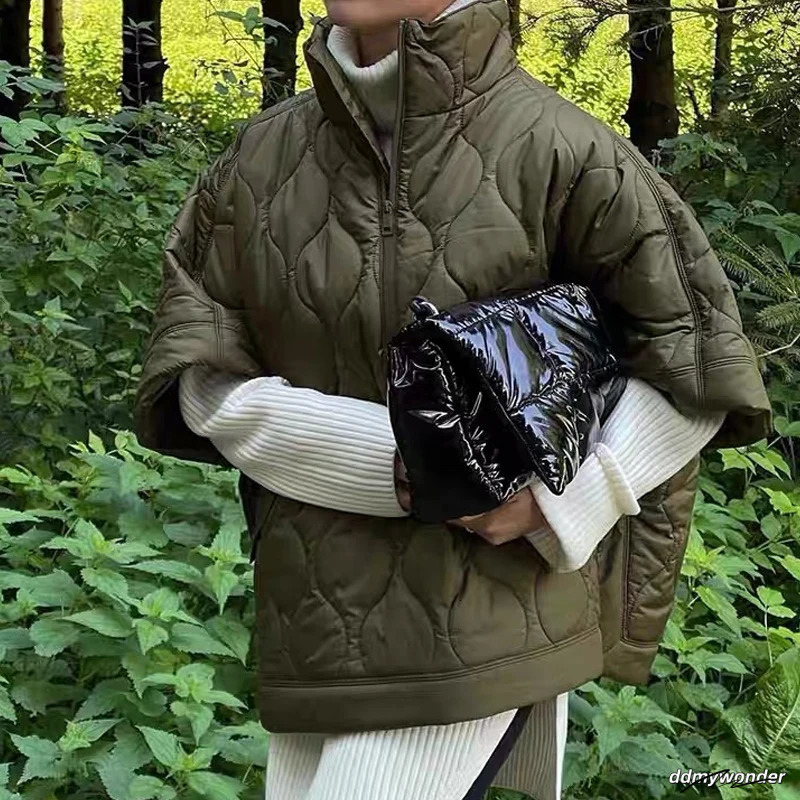 Cotton Padded Shawl Open Top Argyle Stand Collar Thick Zipper Warm Winter Womens Coat Raincoat Batwing Sleeves 241128 ddmywonder ddmywonder ddmywonder