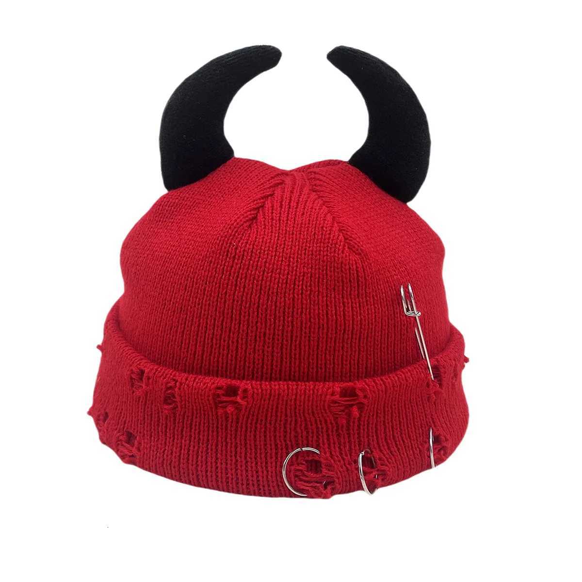 Little Devil Ears AutumnWinter Knitted Hat Woolen Hat Men and Women Landlord Hat Broken Hole Decorative Gui HatXJ250910