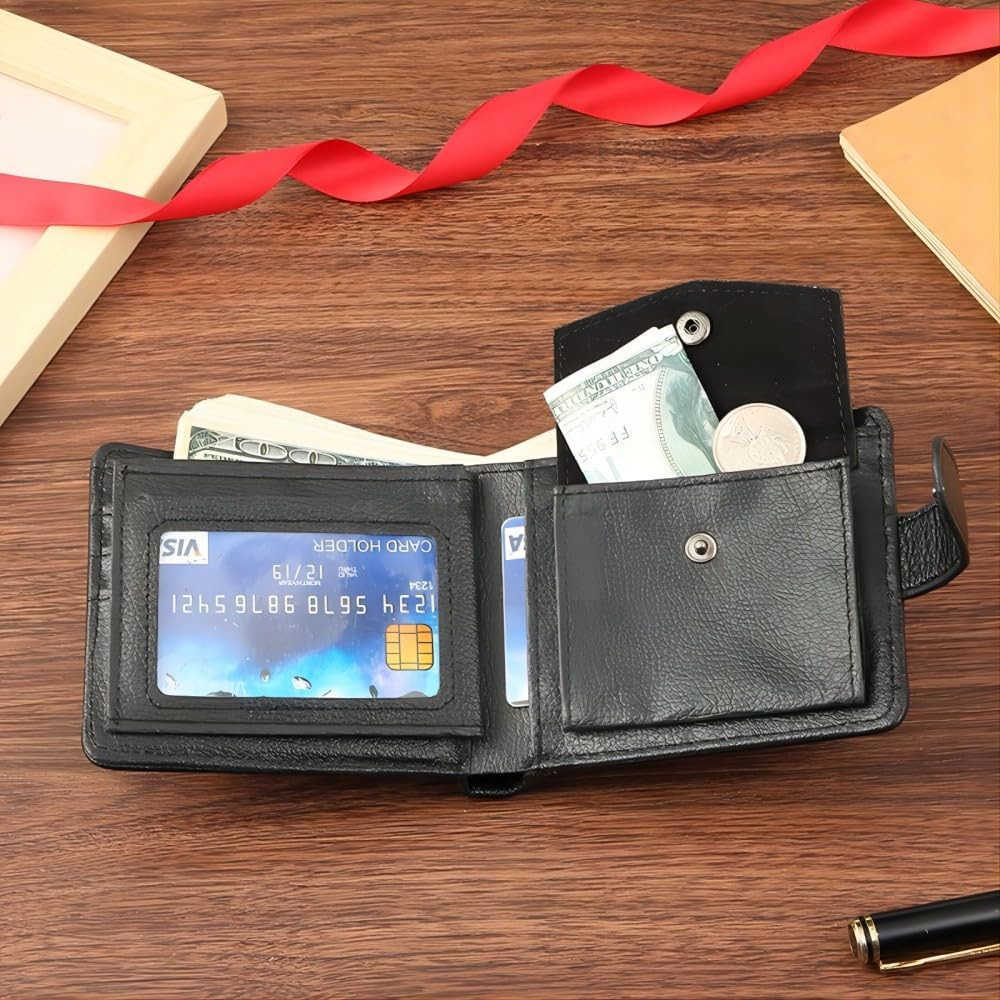Wallet for Men Bifold Styles Fasten with Leather Belt Button Larger Capacity Multiple Card Slots with Coin PackeTCard Photo Holder Zipper wallets with