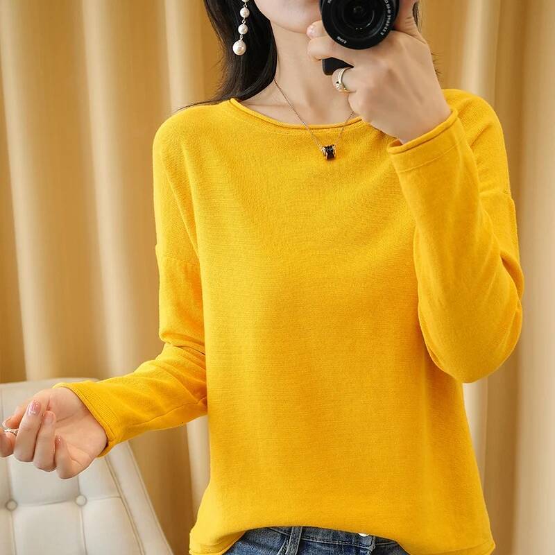 100% Women Knit Crimped Edge O-Neck Pullover Bottoming Pure Cotton Sweater Spring Autumn New Tops Clothes dongdumaoyi