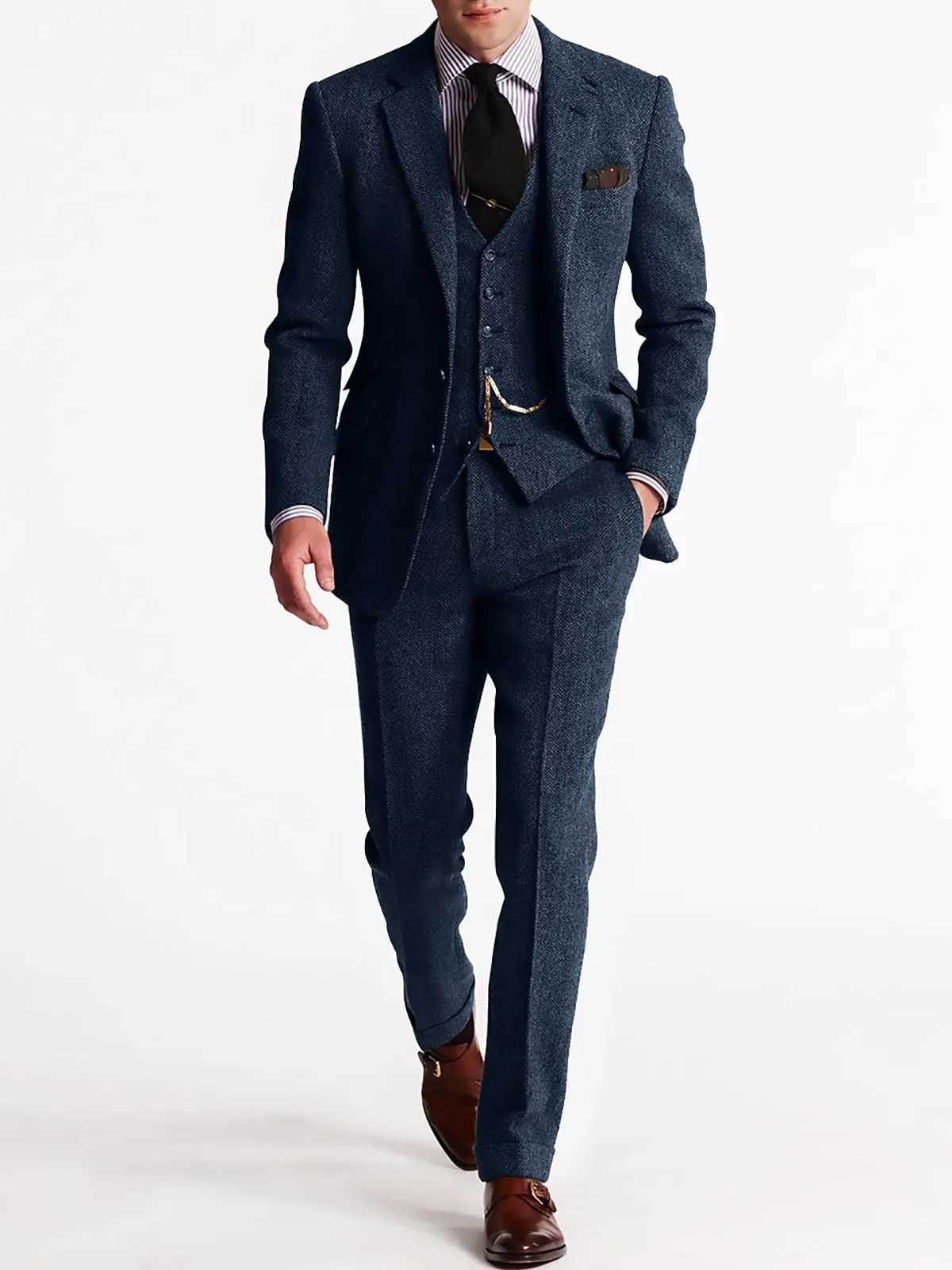 ANNIEBRITNEY Herringbone Tweed Suits for Men Slim Fit Tuxedo Man Suit Set Trajes De Hombre Anzug Herren Custom Made Men Suits W250910