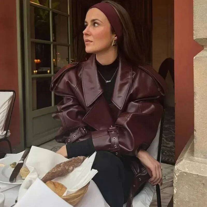 Designer Clothing 2025 Casual Street Leather Jacket Women Solid Lapel Long Sleeved Belt Crop Female Coats 2025 Autumn Y2k Fashion Loose Pu Outwear Lad