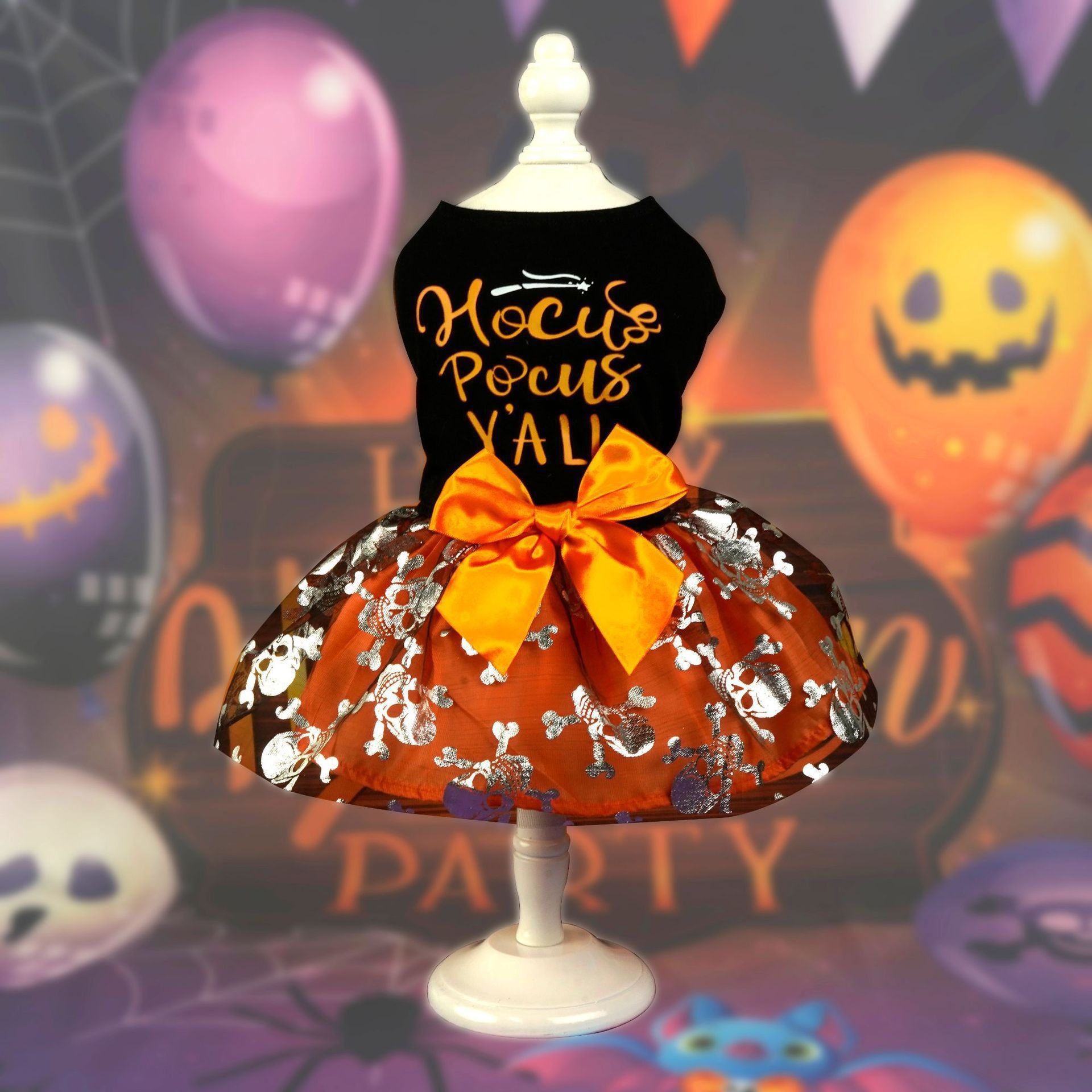 Halloween Dog Dress with Hocus Pocus Y'all Print, Silver Skeleton Skull Pattern Tutu Skirt & Big Orange Bowknot, Perfect for Halloween Parties, T