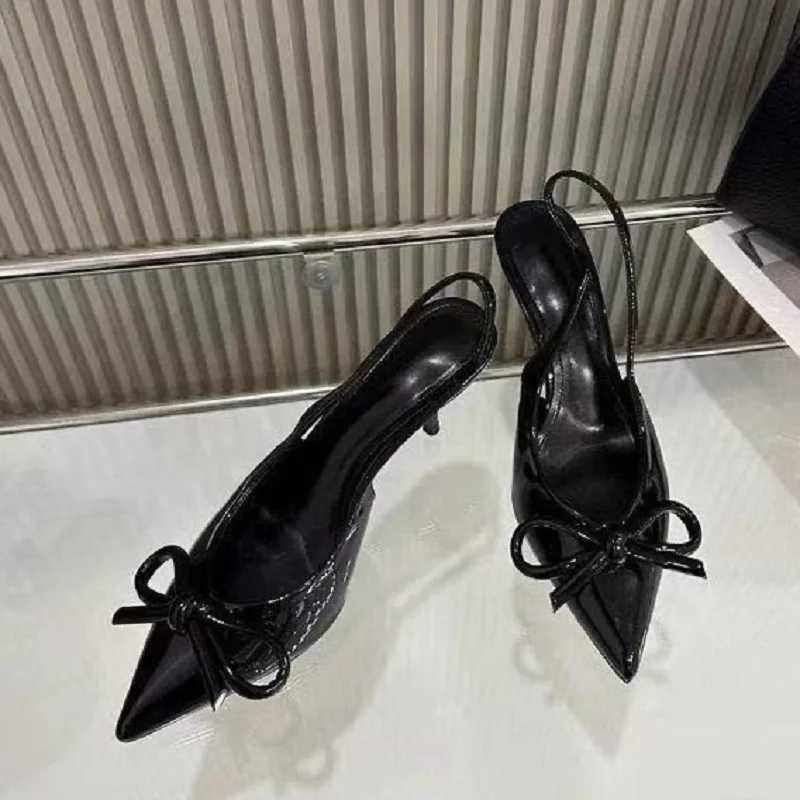 2025 New Womens Wine Red Sexy Bow Tie Highheeled Shoes French Pointed Patent Leather Shallow Mouth Highheeled Sandals W250910