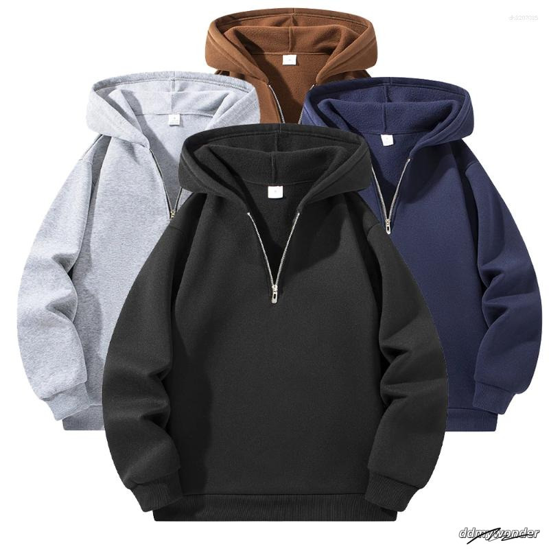 Cotton Men's Hoodies Half Zipper Hooded Solid Color Long Sleeve Sweatshirts Autumn Loose Sport Warm Sweats Fashion Casual Pullover