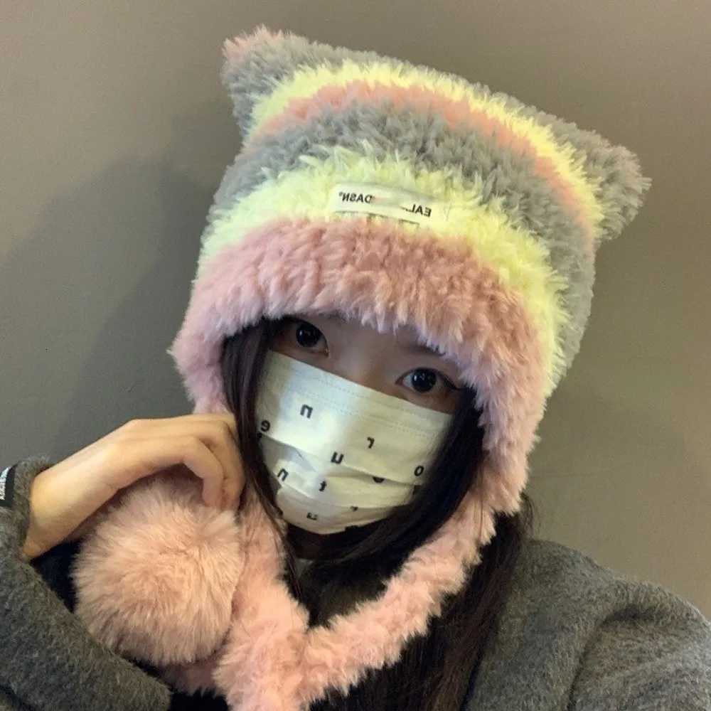 Thickened Warm Ear Protection Hat Coldproof Pompom Fluffy Bear Ears Knitted Hat Cute Soft Beanie Hat for UnisexXJ250910