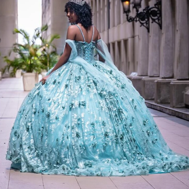 Water Blue Shiny Quinceanera Dresses Ball Gown Off The Shoulder Sequin Applique Flower Beads Tull Sweet 16 Dress Vestidos 15 De Anos