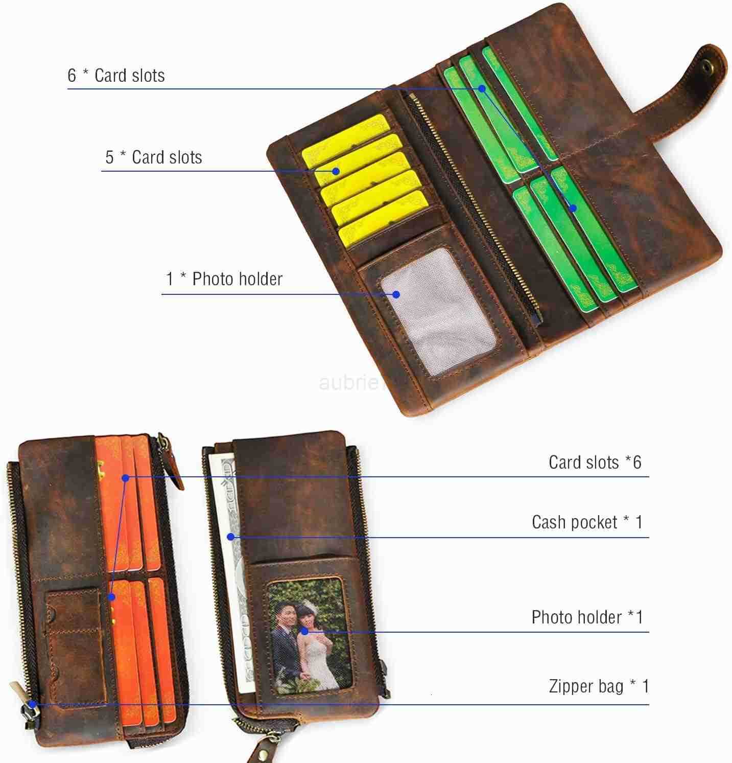Genuine Crazy Horse Leather Travel Gift Coin Pocket Card Case Long Organizer Chain Rfid Wallet Purse With Snap For Men Male 1803 1803 BrownZ250910