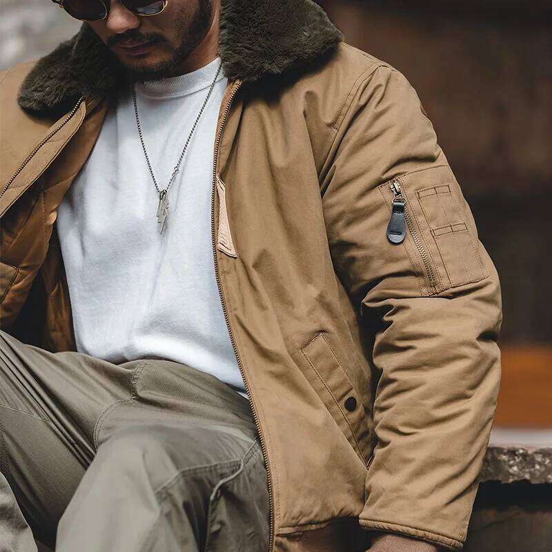 Designer Clothing 2025 Maden Vintage B15 Bomber Jacket For Men Faux Rabbit Fur Lapel Signature Arm Pocket Winter Thickened Warm Windproof Coat Parkas 
