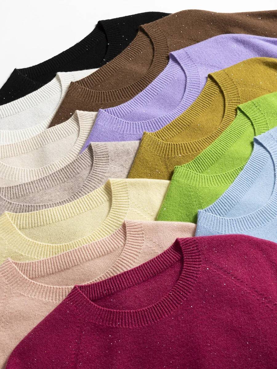 SuyaDream, 100%Merino Wool Pullovers for Woman, Round Neck, Short Sleeved Sweaters, 2025 Fall Winter Soft Warm Top, Pink, Olive dongdumaoyi