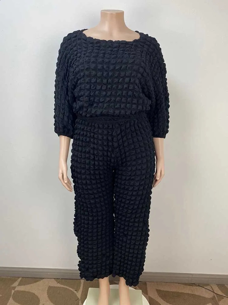 Curvy Plus Size Woman Clothing Fall Winter Long Sleeve 2 Piece Outfit Set Bubble Waffle Pleated Top and Pants Sets Elegant Suit 250910