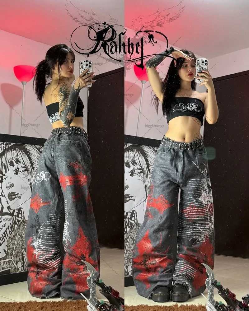 Harajuku Y2K Streetwear Trousers Women Vintage Retro Rock Baggy Jeans Gothic Punk Cross Print Straight Pants High Waisted Jeans Z250910