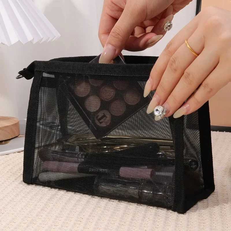 Travel Black Mesh Cosmetic Bag Zipper Makeup Bag For Women Wash Toiletry Bag Makeup Organizer Portable Storage PouchXJ250910